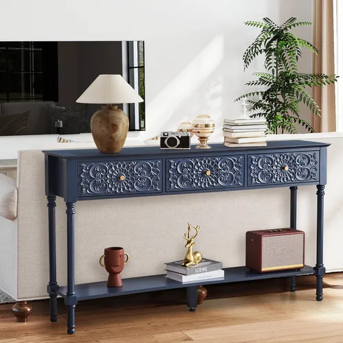weselon Mesa consola tallada de 55.5 pulgadas con 3 cajones, mesa de sofá de 2 niveles con superficie floral brillante y patas de madera maciza,