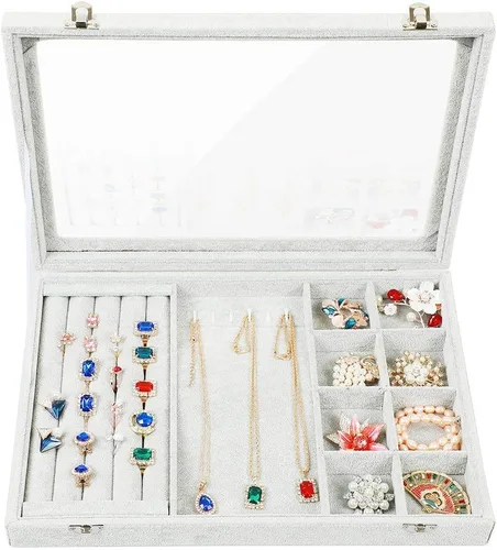 Miniatura 2 de STYLIFING Tapa transparente 3 en 1, bandeja de joyería, aretes, collar, caja de almacenamiento, soporte apilable, exhibición de terciopelo de hielo