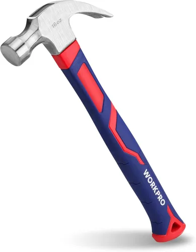 WORKPRO Martillo de garra de 16 onzas con mango de fibra de vidrio, martillo de uso general con cabeza de acero endurecido forjado Azul y rojo