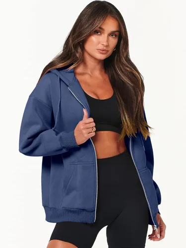 Miniatura 4 de ANRABESS Sudaderas con capucha y cremallera para mujer, de manga larga, sudaderas de gran tamaño, forro polar Y2K, con bolsillos, ropa de otoño