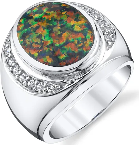Peora Anillo de sello de ópalo de fuego negro creado para hombre, plata de ley 925, forma ovalada, tamaño 8 a 13, Metal precioso Piedra preciosa,