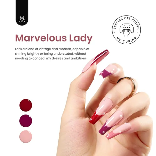 Miniatura 3 de Beetles - Esmalte de uñas de gel rojo, 6 colores, colección Marvelous Lady, esmalte de uñas con purpurina burdeos, nude, rojo brillante, diseño
