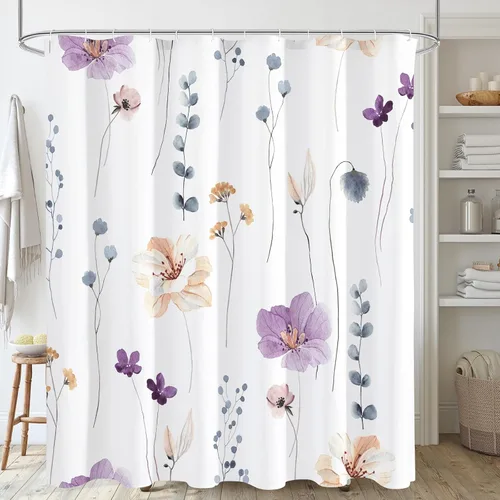 Miniatura 42 de Gibelle Cortina de ducha con estampado floral de acuarela, cortina de ducha retro naranja azul marino para baño, juego de cortina de ducha moderna