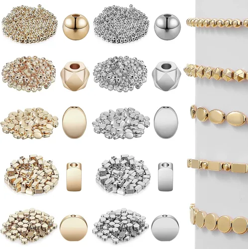 1800 cuentas doradas para hacer joyas, cuentas espaciadoras surtidas, cuentas de cubo en forma de Rondelle, cuentas de columna de tubo, cuentas