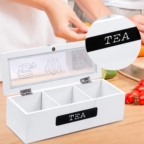 Miniatura 6 de Organizador de bolsas de té, organizador de bolsas de té de madera blanca con 3 compartimentos, organizador de soporte de té, caja de almacenamiento