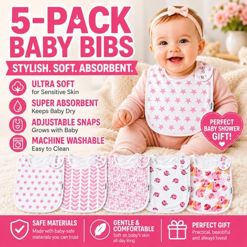 Miniatura 2 de KiddyStar Drool Bibs for Babies – Organic, Unisex, Soft Absorbent Teething Bibs with Adjustable Snaps Paquete de 5 baberos florales