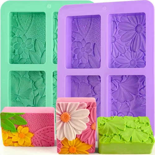 HUAKENER Paquete de 2 moldes de silicona para jabón, molde rectangular para hacer jabón, moldes de silicona con patrón de flores rectangulares 3D