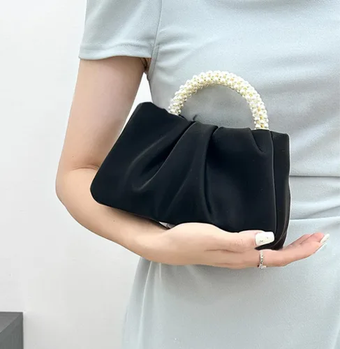 Miniatura 3 de Beatfull Bolso de noche para mujer, bolso de mano pequeño con perlas de cuero suave, bolso fruncido para boda, novia, fiesta, baile de graduación