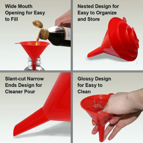 Miniatura 4 de KongNai Juego de 4 embudos de plástico para uso en cocina y automóvil, embudo pequeño, mediano y grande para llenar botellas, enlatar, cocinar, Rojo