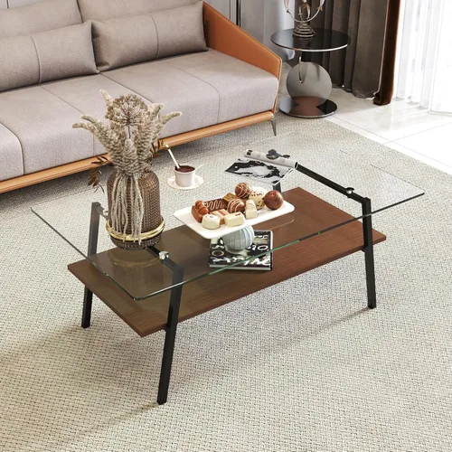 Miniatura 10 de Mesa de centro de cristal para sala de estar, mesa de centro de 2 niveles de mediados de siglo, mesa central con parte superior de vidrio templado