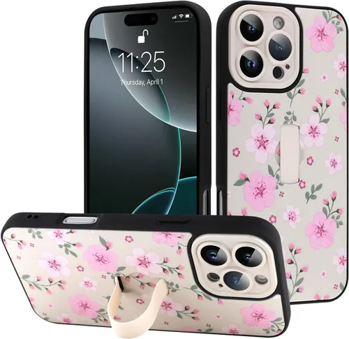Miniatura 35 de Funda diseñada para iPhone 17 Pro Max con soporte plegable y correa para dedos, bonito patrón de lazo de corazón de flor rosa para mujeres y niñas