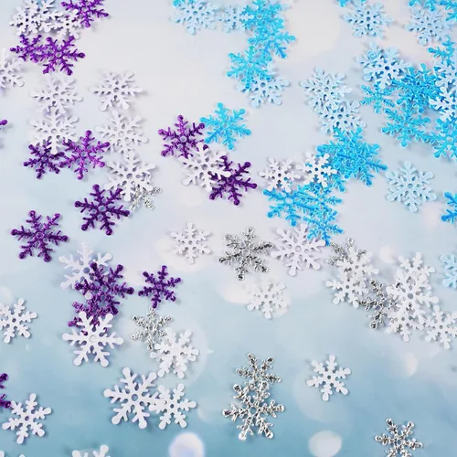 Miniatura 5 de Decoraciones de confeti de copo de nieve de Navidad, 1200 unidades, confeti morado, azul, plateado, paquete de fiesta de nieve para Navidad