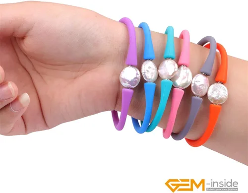 Miniatura 5 de GEM-Inside Big - Pulsera de joyería de perlas de 0.512 in para dama de honor, color negro, apilable, goma de silicona, elástica, perlas cultivadas