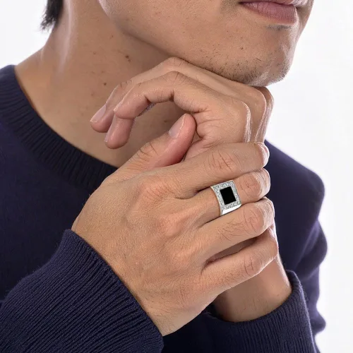 Miniatura 7 de Anillo de plata de ley 925 para hombre con circonita cúbica y ónix negro