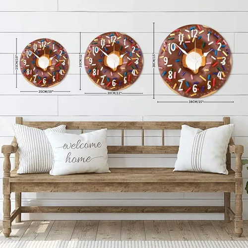 Miniatura 8 de Reloj de pared redondo de madera con forma de dona y alimento, movimiento de barrido, reloj de pared de estilo moderno, adecuado para dormitorio
