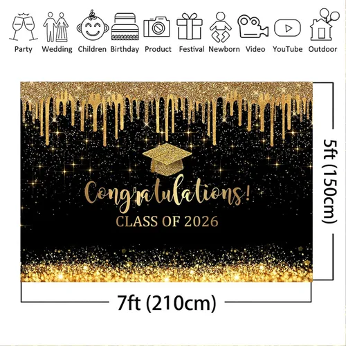 Miniatura 7 de Mocsicka Fondo de graduación de 7 x 5 pies 2026, decoraciones de graduación negro y dorado, pancarta de felicitaciones de graduación 2026, fondo