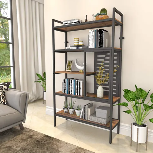 Miniatura 2 de Weehom Estantería industrial ajustable de 5 niveles, estantería de madera moderna con marco de metal estable, estantes de almacenamiento abiertos