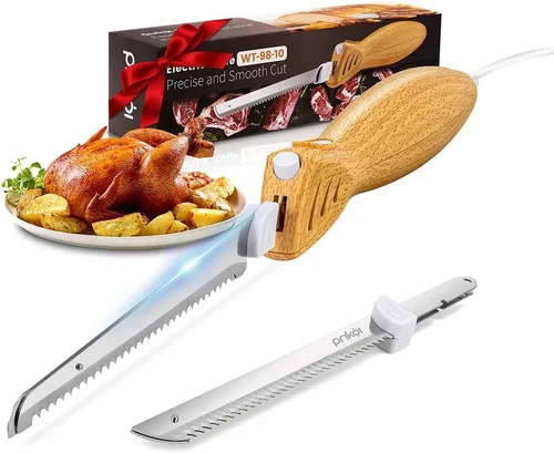 Prikoi Cuchillo Eléctrico – Juego de Cuchillos para Tallar, Cuchillas de Borde Dentado de Corte Fácil para Carne, Pan, Pavo, Costillas, Filete,