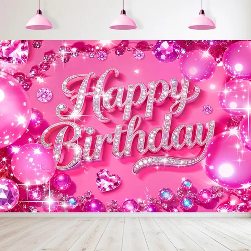Miniatura 22 de Telón de fondo de feliz cumpleaños negro y rosa de 7 pulgadas de ancho x 5 pies de alto, tela de poliéster, globos de lazo femenino, pastel