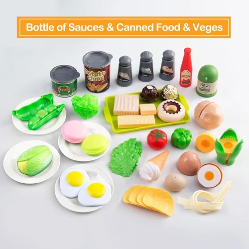 Miniatura 5 de Juego de cocina de 150 piezas, accesorios de utensilios de cocina de juguete para niños pequeños, comida, manta de picnic, frutas, verduras, paquete