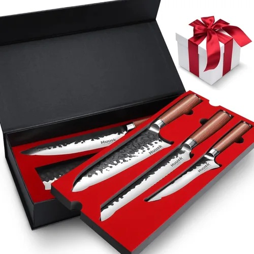 Huusk - Juego de cuchillos de chef japonés de 6 piezas, cuchillos de cocina con hoja de acero de alto carbono forjada a mano, juego de cuchillos de