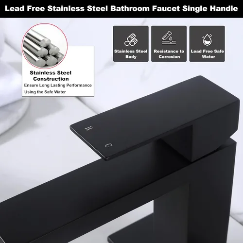 Miniatura 5 de Grifo negro para baño, grifo de baño negro mate de acero inoxidable con un solo orificio con drenaje emergente, grifo de una sola manija AML-1141-BK