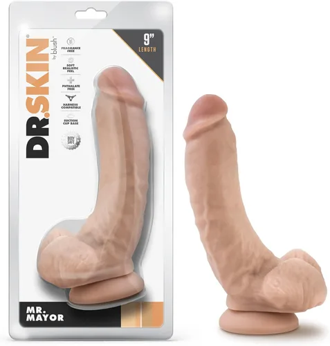 Blush Dr. Skin Mr. Mayor - Consolador realista de 9 pulgadas, 2 pulgadas de ancho, tacto de piel real, pene venoso con bolas, succión fuerte,