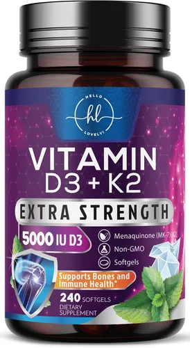 Vitamina D con K2 (MK-7) – Vitamina D3 5000IU (125 mcg) por porción – Suplemento complejo D3K2 para huesos, dientes, músculos, absorción de calcio,