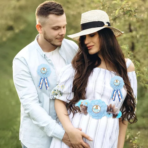 Miniatura 4 de Vansolinne Oso de peluche azul para maternidad, banda para mamá para ser y papá para ser ramillete, juego de alfileres para oso baby shower