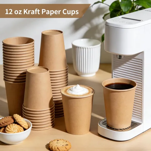 Miniatura 5 de Vasos de papel kraft de 12 onzas, 200 unidades, desechables para bebidas de café frío y caliente, para picnic y vida cotidiana, oficina y viajes