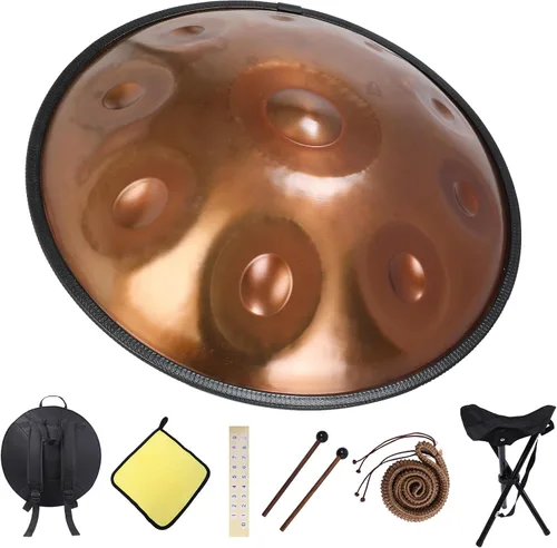 Miniatura 9 de Kurd Handpan 22" D Minor - Tambor de mano de 9 notas para rendimiento profesional, sonido de 440 Hz, incluye paño, soporte Dorado-9 Notas