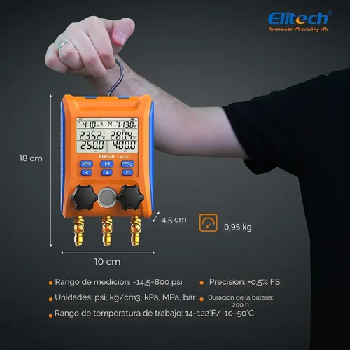 Miniatura 7 de Elitech Válvula de 2 vías de manómetro digital con abrazaderas de termómetro para sistemas HVAC, LMG-10