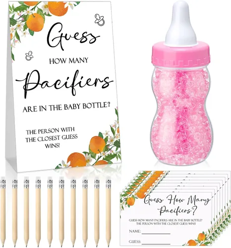 Miniatura 37 de Roowest 512 piezas de juegos de baby shower Adivina cuántos chupetes letrero, 100 pequeños juegos de adivinanzas, 10 lápices HB, botella de leche