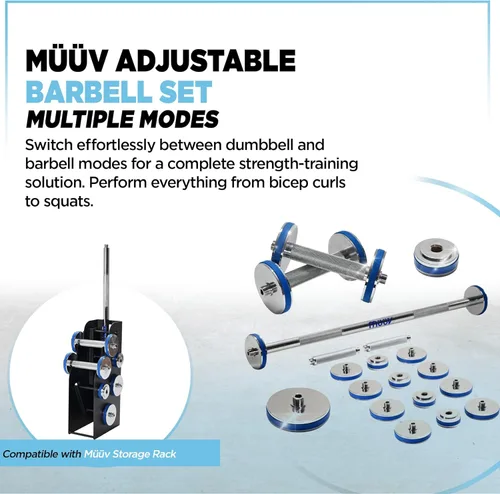 Miniatura 9 de müüv - Juego de mancuernas ajustables 2 en 1 y sistema de mancuernas para gimnasio en casa, juego de pesas de 5 a 40 libras con platos y asas