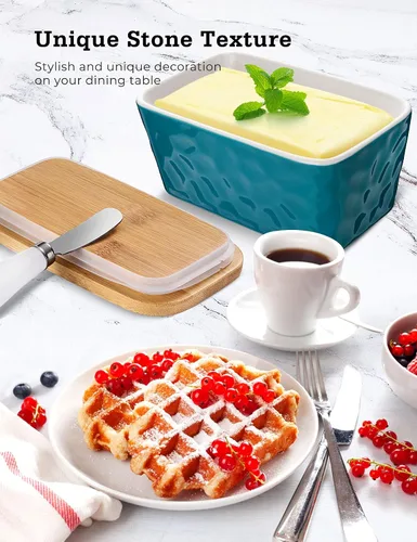 Miniatura 6 de Mantequillera con tapa: plato grande para mantequilla para encimera, recipiente de mantequilla de cerámica con cuchillo doble sello de silicona