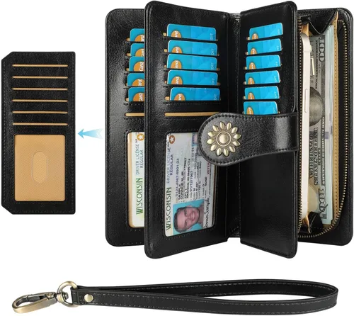 Miniatura 2 de Lavemi Carteras de cuero genuino de gran capacidad con bloqueo RFID para mujer, tarjetero con correa para la muñeca