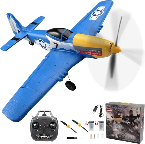 jaming Avión RC P-51D Mustang Fighter de 4 canales para adultos y niños, avión de control remoto de 4 canales RTF con giroscopio de 6 ejes, Azul