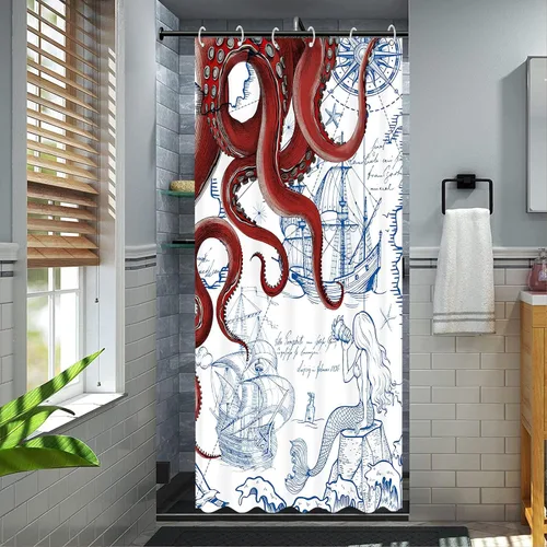 Miniatura 5 de Fungarth Cortina de Ducha Puesto Náutica de Pulpo Rojo Azul Marino Sirena Divertida Océano Kraken Cortinas de Ducha para Baño Ancla Genial Mapa