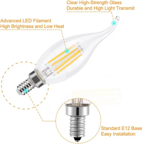 Miniatura 2 de KINUR Bombillas LED E12 de 4 vatios (equivalente a 40 vatios) 2700 K, luz blanca cálida CA11, lámpara de llama decorativa para candelabros