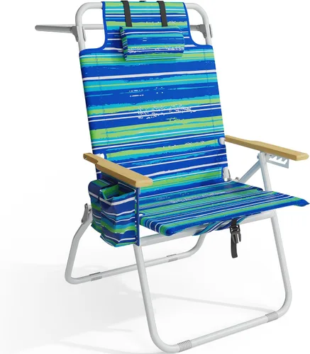 Miniatura 7 de Sillas de playa altas para adultos, Silla de playa tipo mochila de 17" de alto con apoyabrazos de madera, Silla reclinable de 5 posiciones de alta