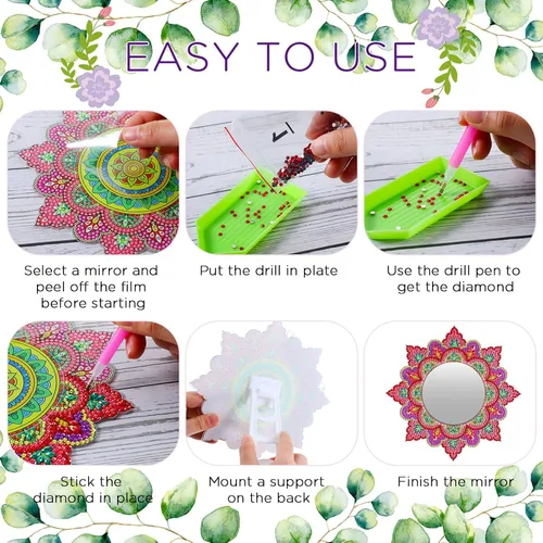 Miniatura 5 de Weysat Paquete de 2 espejos de pintura de diamantes, espejo de pintura de arte de diamante, mandala de cristal de diamantes de imitación