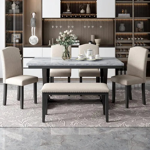 Miniatura 2 de Juego de mesa de comedor para 6, mesa de comedor rectangular de madera con 4 sillas tapizadas y un banco, mesa de chapas de mármol con patas de mesa