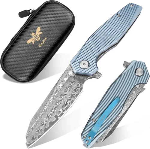 Zingbee Cuchillo de bolsillo de Damasco de 3.46 pulgadas, hoja de acero de Damasco, cuchillos de bolsillo EDC y cuchillos plegables para hombres y