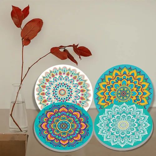 Miniatura 2 de Nordics - Juego de 4 fundas para quemadores de flores étnicas bohemias, estilo rústico, arte floral indio, patrón geométrico abstracto, quemador