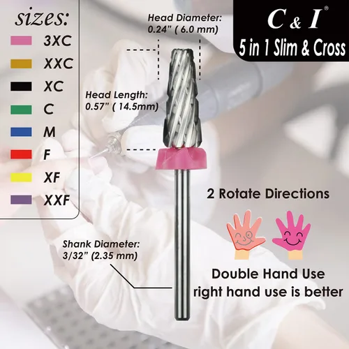Miniatura 3 de C & I Broca para uñas 5 en 1, Cross & Slim Edition, brocas profesionales para uñas para máquina de taladro eléctrico de manicura (Triple Áspero -3XC)