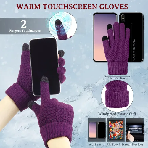 Miniatura 25 de SATINIOR Juego de 4 gorros y guantes de invierno para mujer, gorro de punto cálido, gorro de esquí de nieve con visera y guante para pantalla rojo