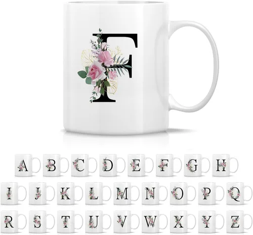 Miniatura 26 de Retreez Ramo botánico floral inicial A-Z con monograma, taza con monograma de cerámica de 11 onzas, regalo de agradecimiento de agradecimiento