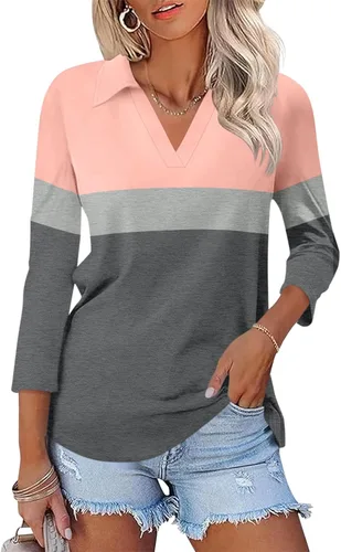 Miniatura 17 de TICTICMISS - Camisas polo de cuello en V para mujer, manga 3/4, con cuello, tops casuales de negocios, tops de verano a la moda, holgados