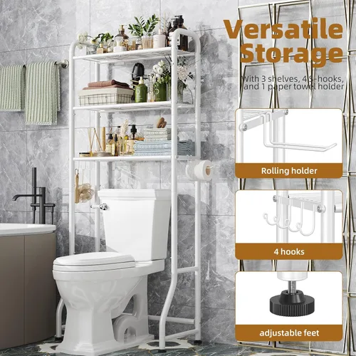 Miniatura 6 de Simple Trending Estante de almacenamiento sobre el inodoro, estante organizador de baño de metal de 3 niveles con soporte para papel y 3 ganchos
