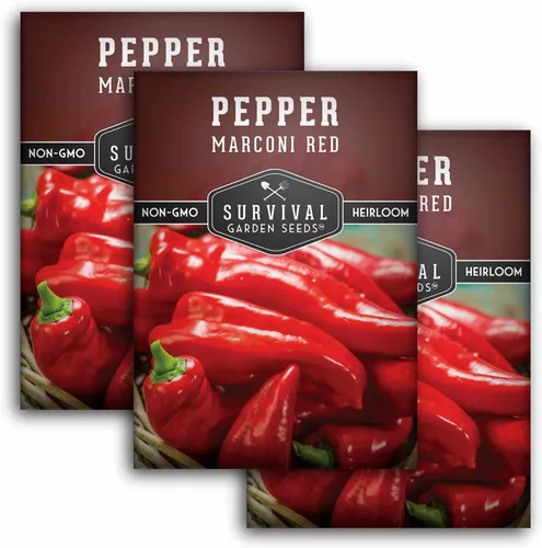 Miniatura 10 de Survival Garden Seeds - Semilla de pimiento rojo Marconi para plantar - Paquete con instrucciones para plantar y cultivar pimientos italianos dulces